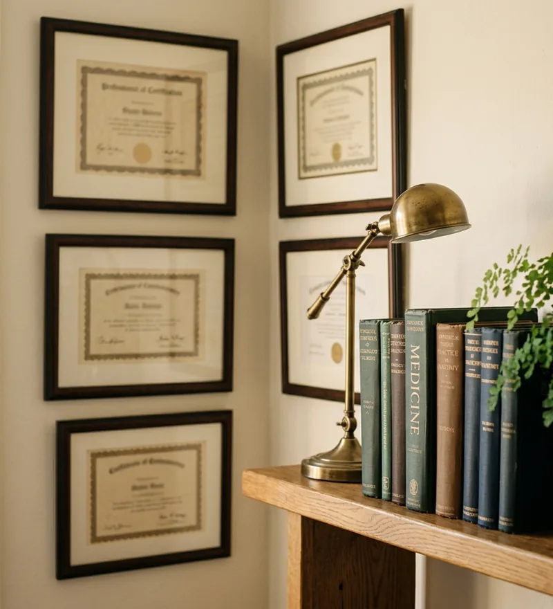 Framed qualifications and medical textbooks in a consulting room