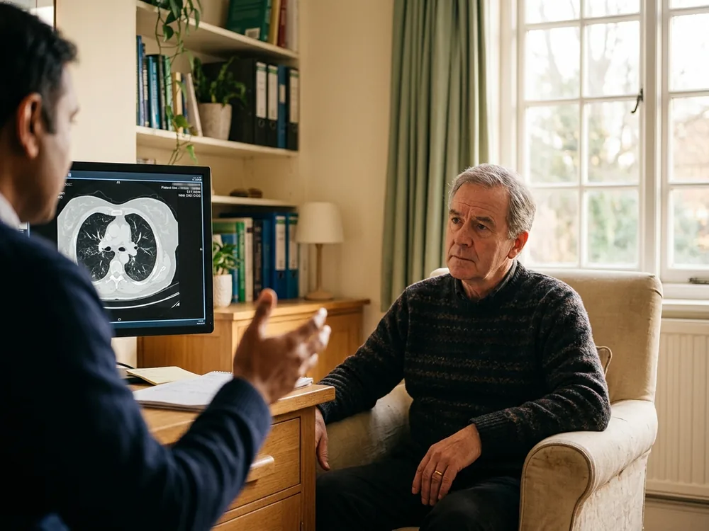 A consultant and a patient looking at a scan together across a desk