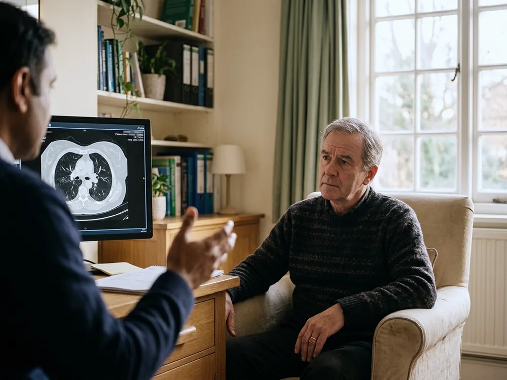 A consultant and a patient looking at a scan together across a desk