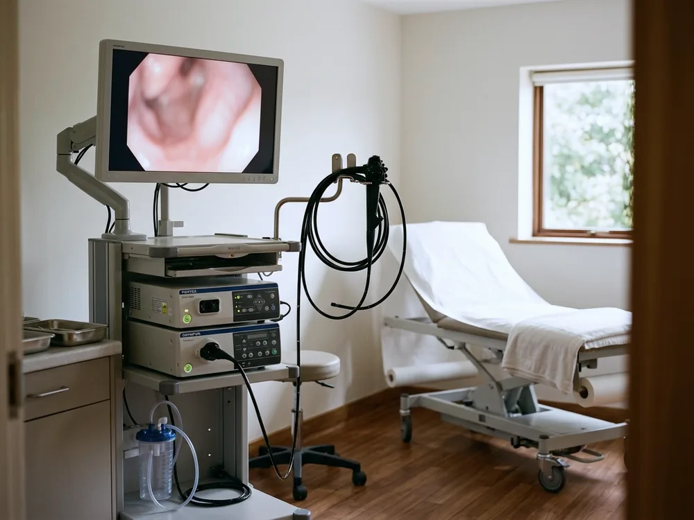 An endoscopy suite, the scope and monitor ready beside the couch