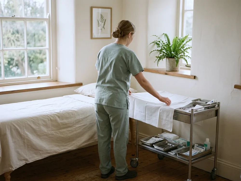 A nurse preparing a treatment couch in a day-case room