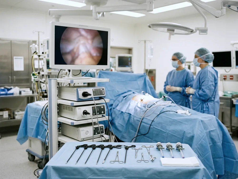 Keyhole surgery under way in theatre, the operating view on the monitor