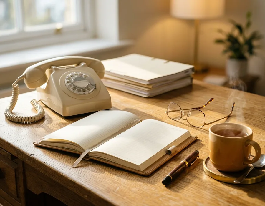 A telephone and an open appointment diary on a consulting room desk