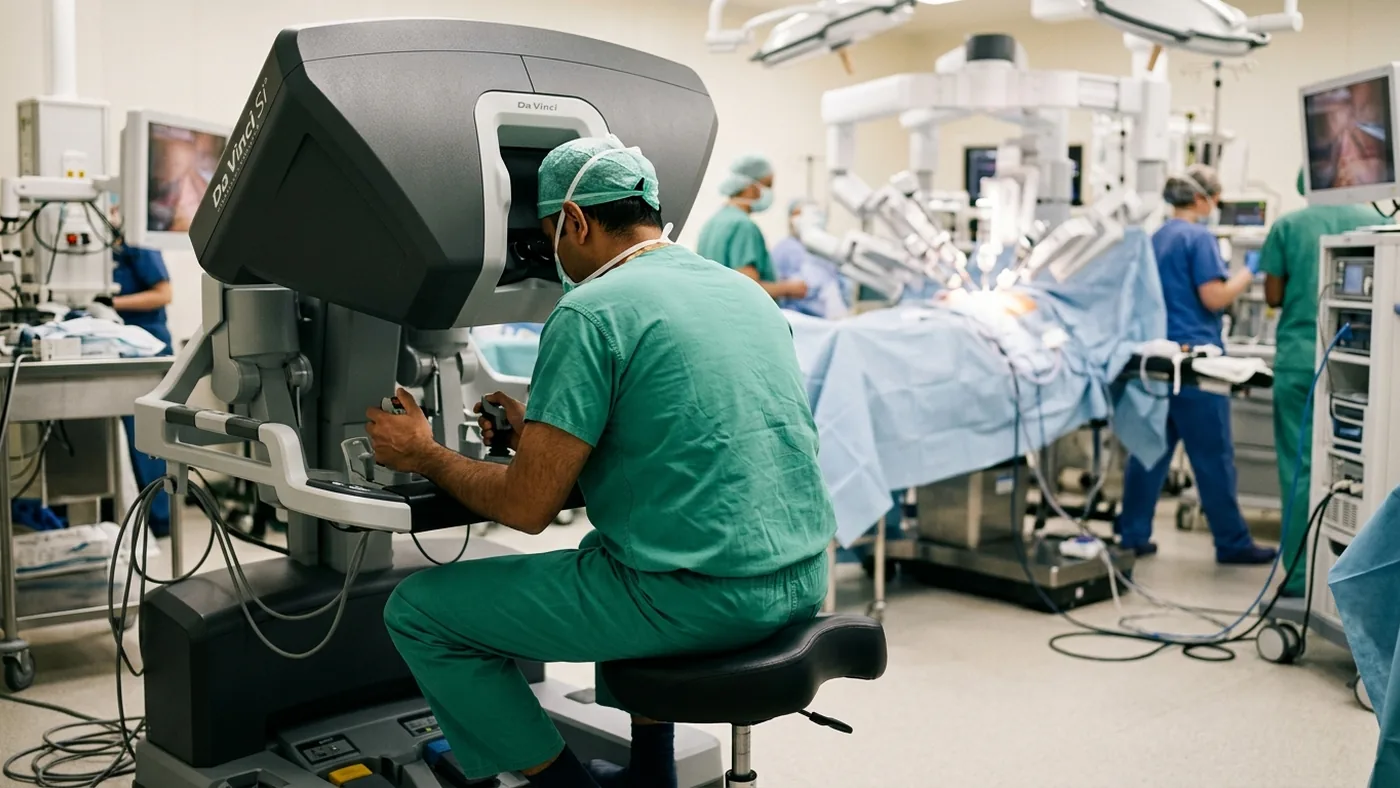 A surgeon seated at a robotic surgery console in theatre