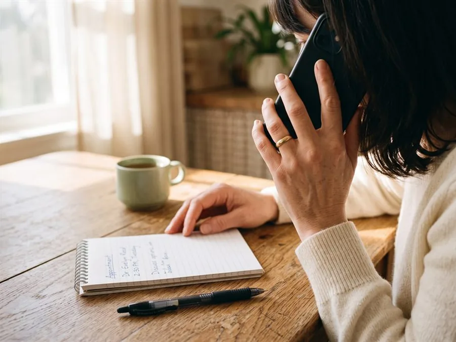 A woman making a telephone call from her kitchen table