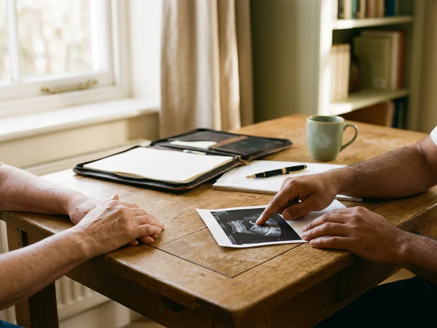 A consultant pointing out a detail on a scan to a patient